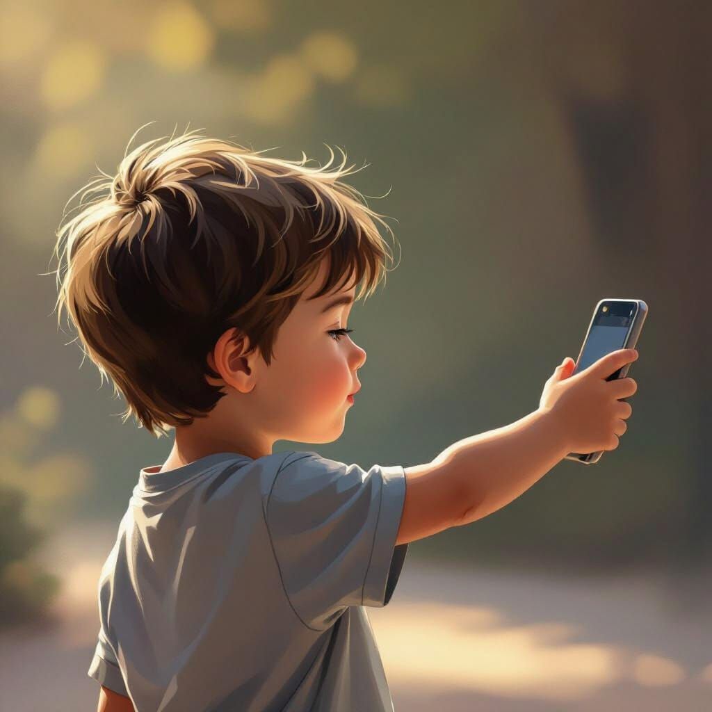 Boy Reaching Out With Smartphone, Digital Painting Style