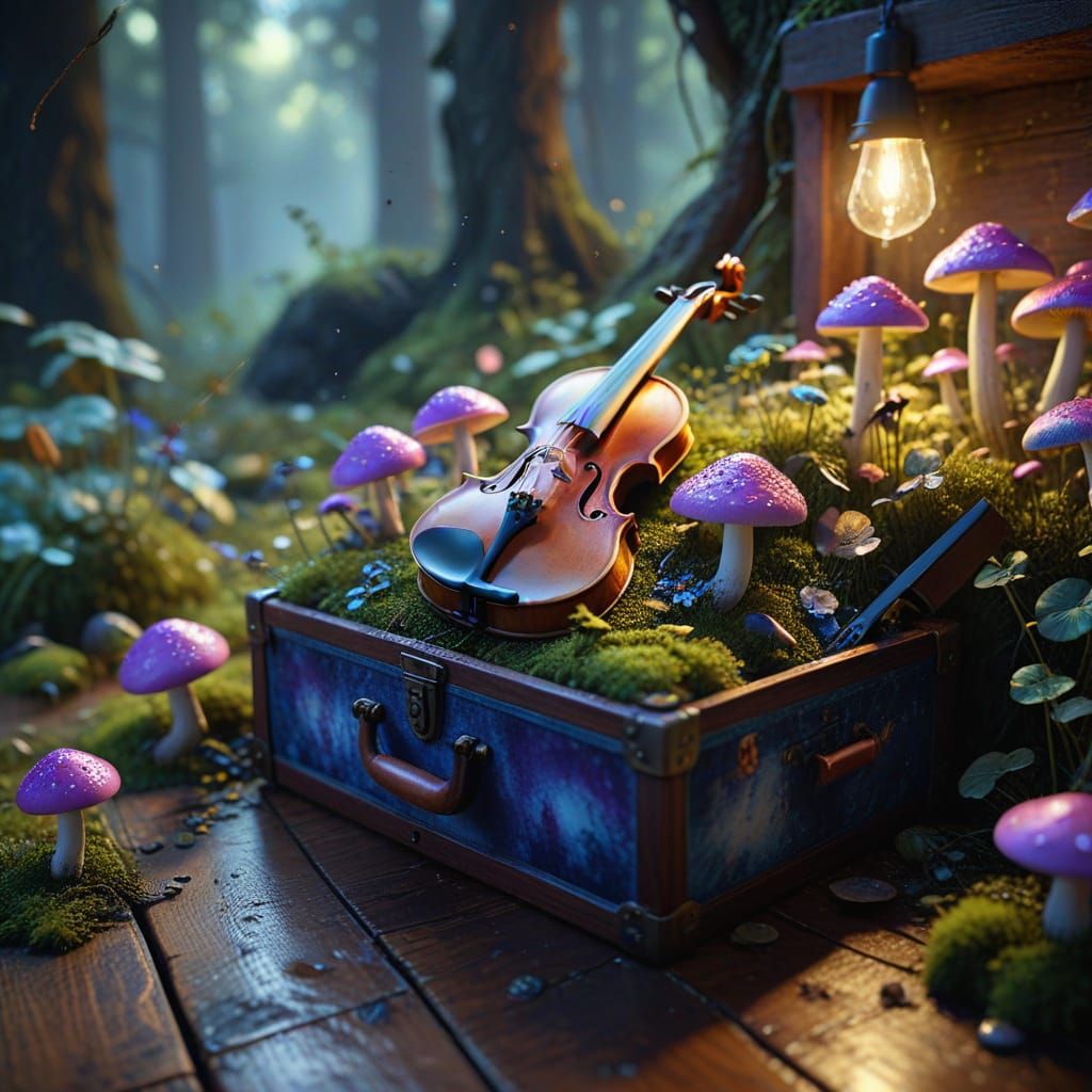 Enchanted Violin Case with Glowing Mushrooms on Wooden Floor