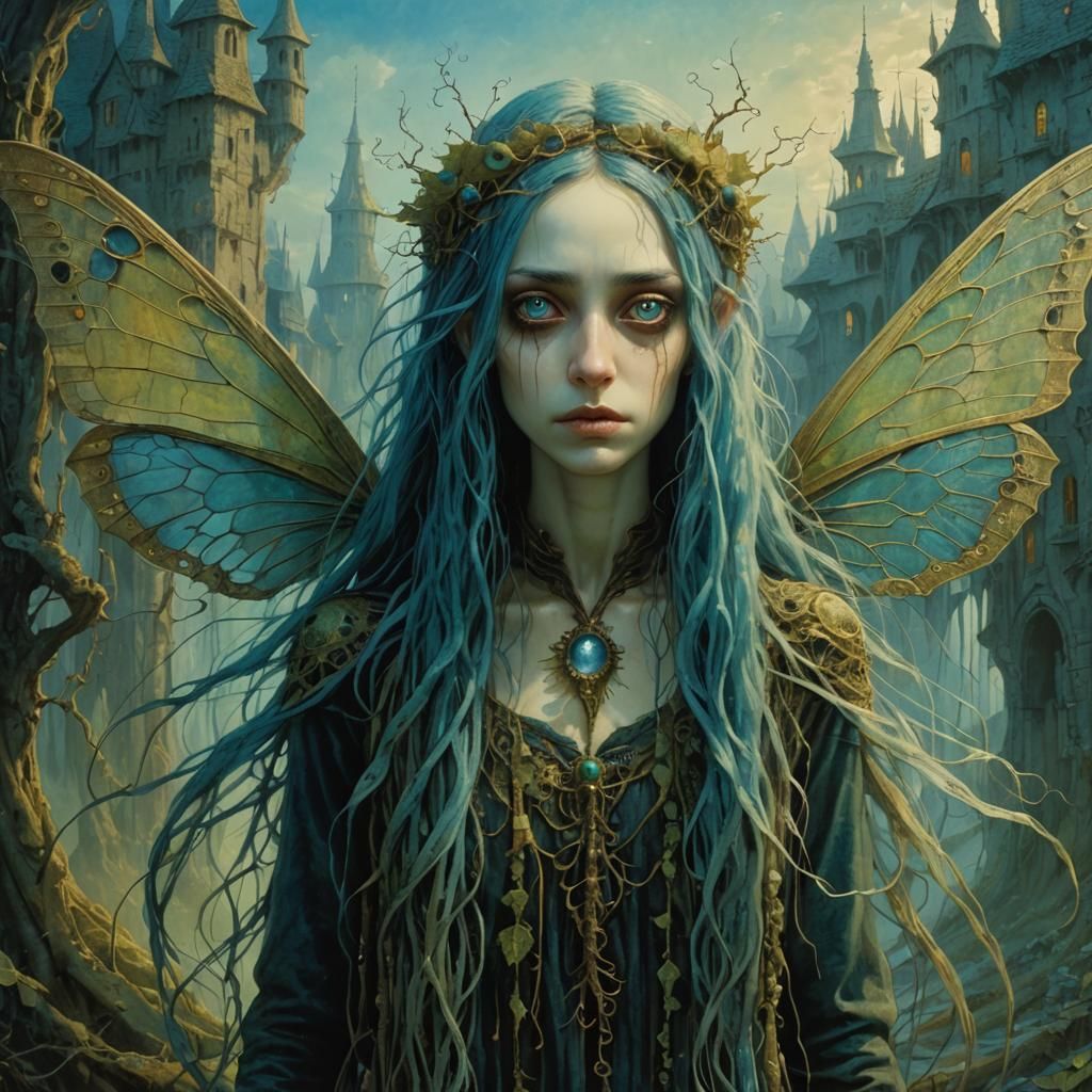 Eldritch Fairy Girl Portrait in Tim Burton Style