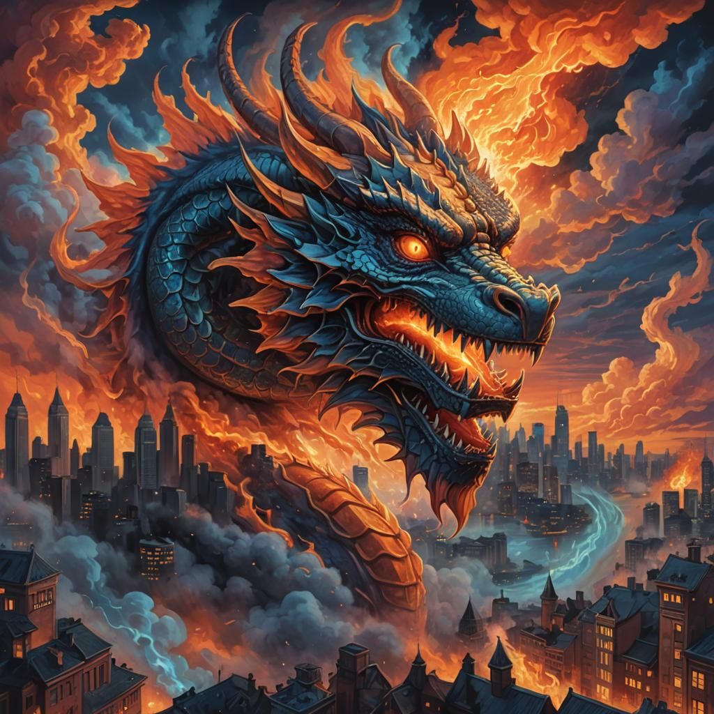 Dragon Cityscape Album Cover in Synthwave Style