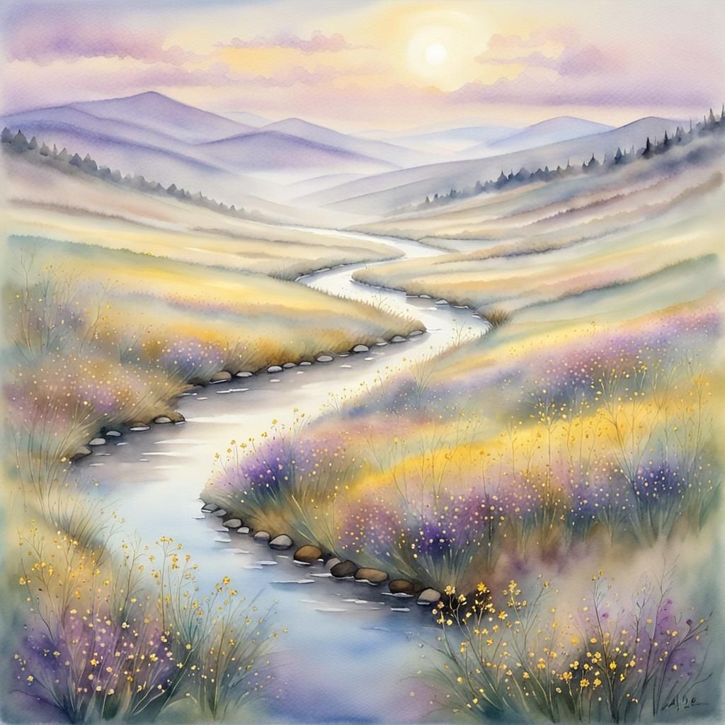 Watercolor Valley Landscape with Wildflowers at Dawn