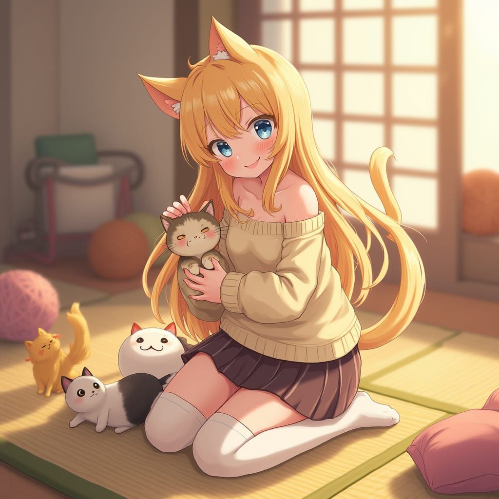 Anime Catgirl in Cosy Japanese Room