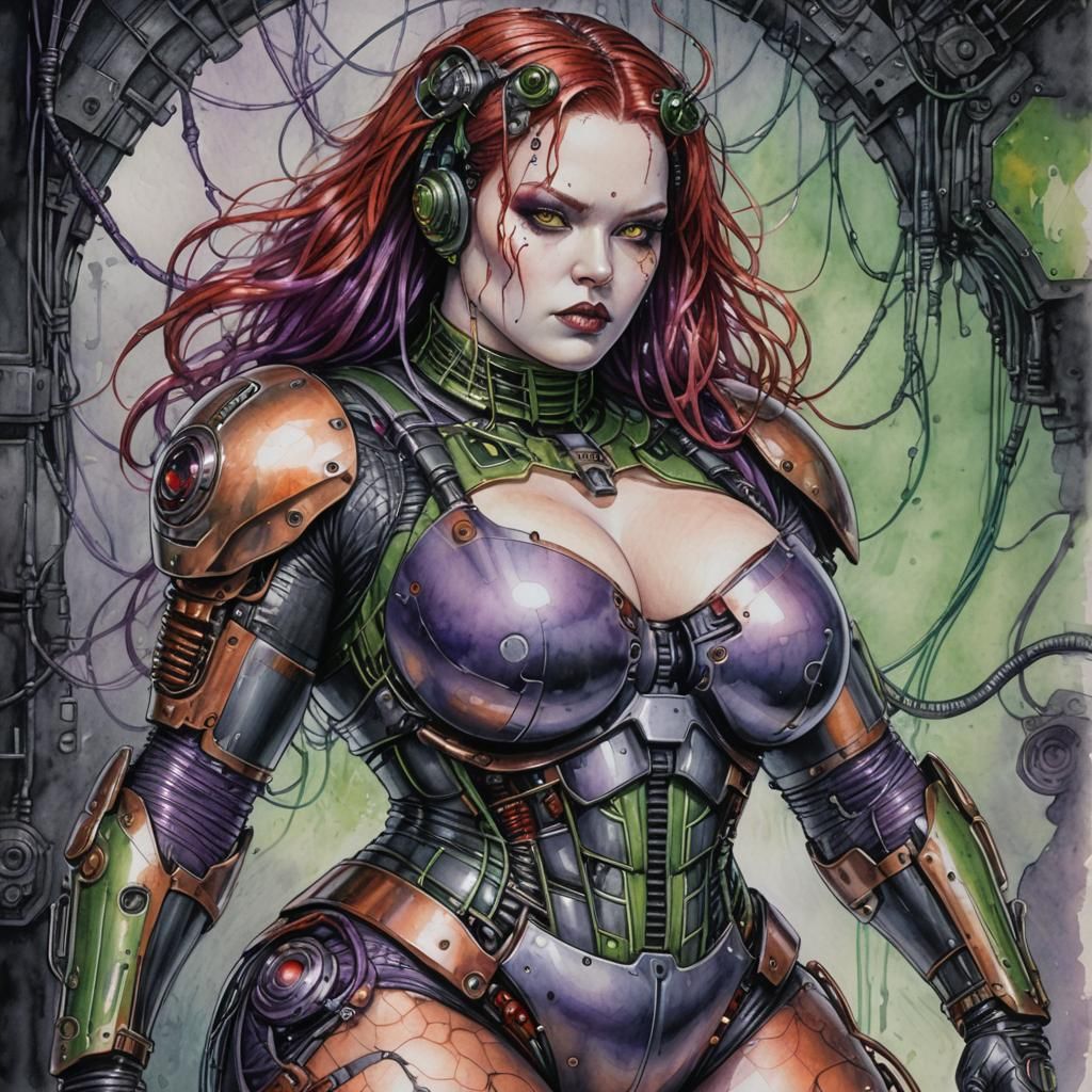 Futuristic Gothic Android Woman in Watercolor