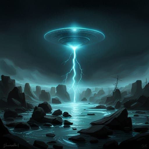 Chrome Black UFO Landing with Celestial Glow