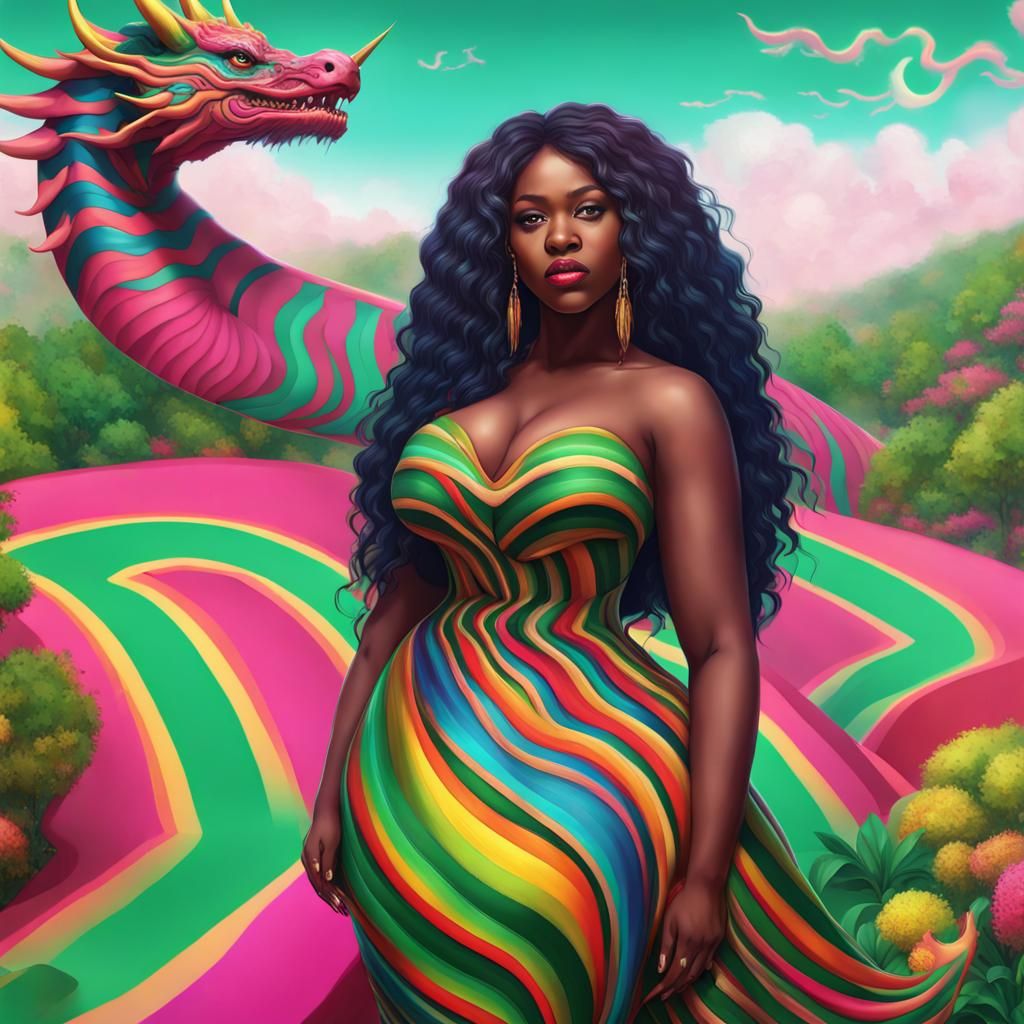 Nigerian Girl and Multicolored Dragon in Rainbow Garden