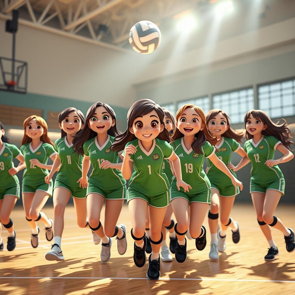 Cartoon Volleyball Team Celebrates Victory in CGI Style