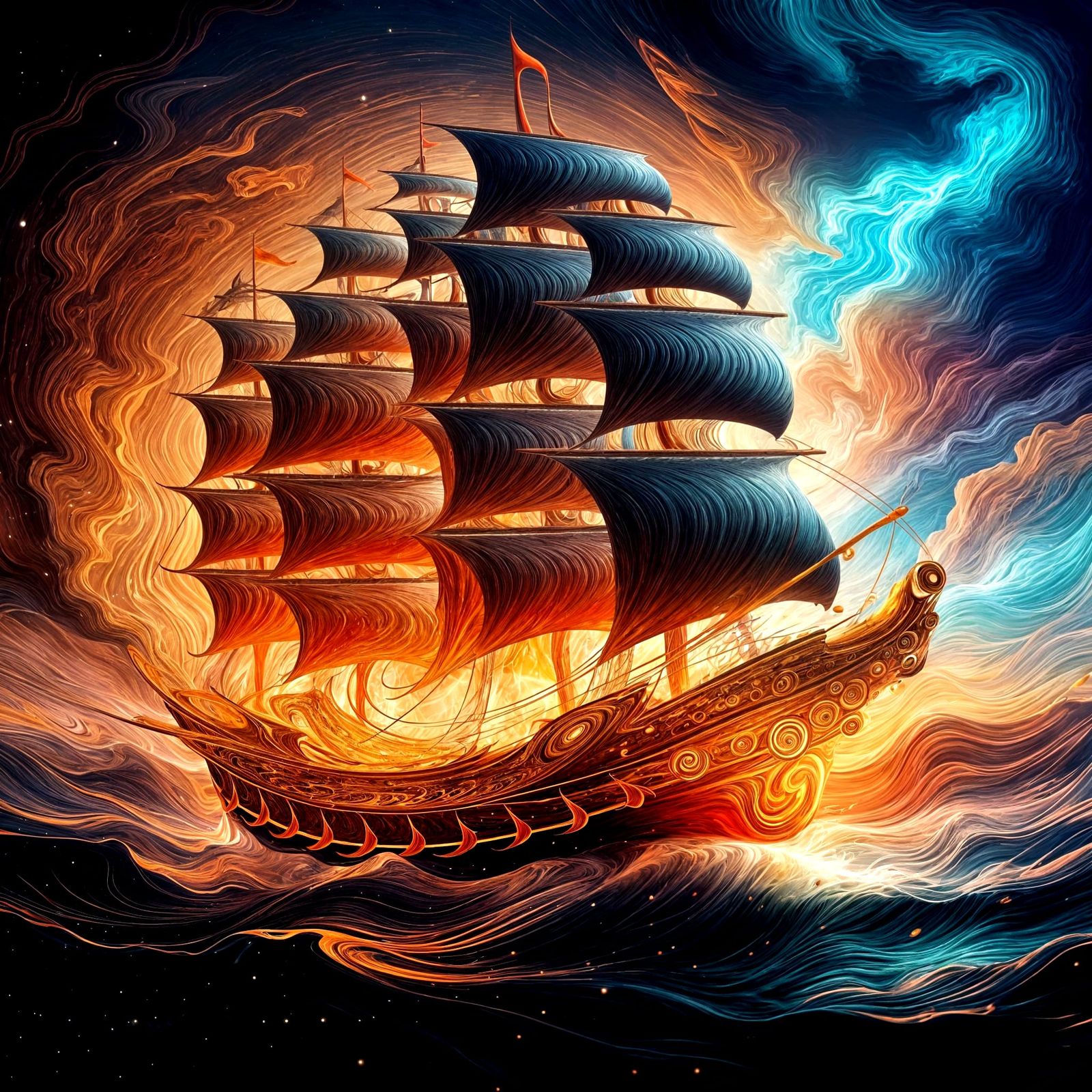 Sailing Vessel at Sea in Vibrant Abstract Style