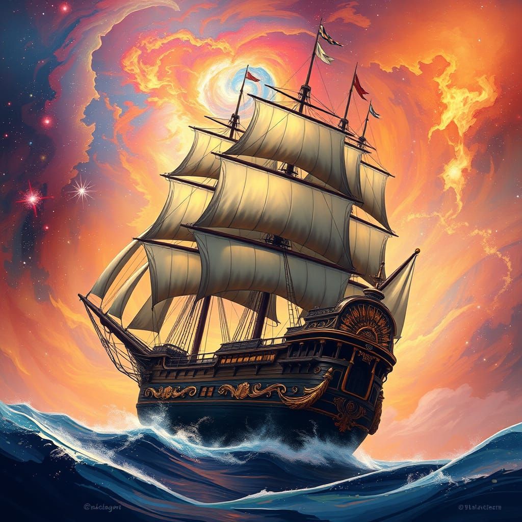 Galleon Sails Through Nebula in Art Nouveau Style