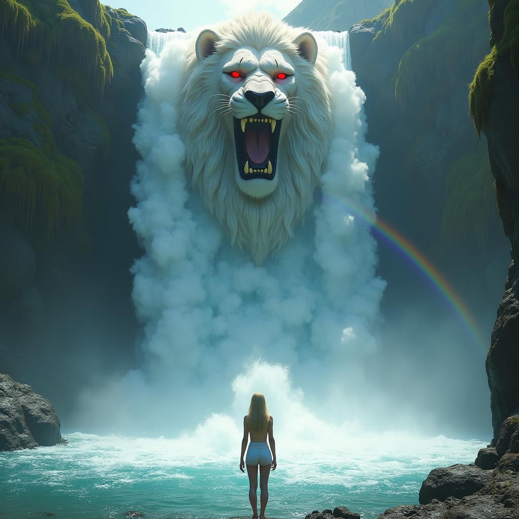 Mystical Stone Lion Waterfall in 8k Detail