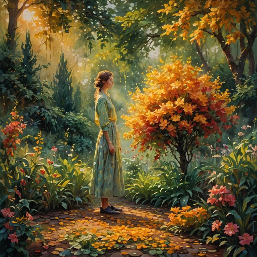 Woman in Garden as Impressionist Oil Painting