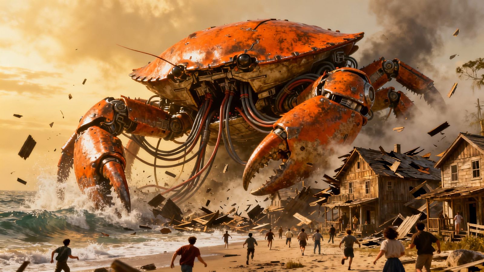 Gigantic Cyborg Crab Attacks Seaside Village in 3D