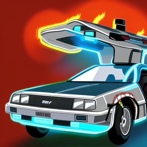 Flying DeLorean with Neon Flames