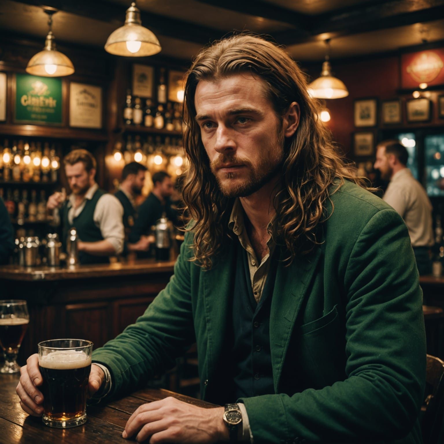 A Handsome Irish Bartender in a Cinematic Pub Setting