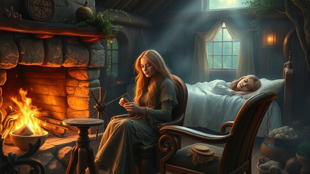 Ethereal Norse Goddess Spinning Amidst Cozy Winter Scene in...