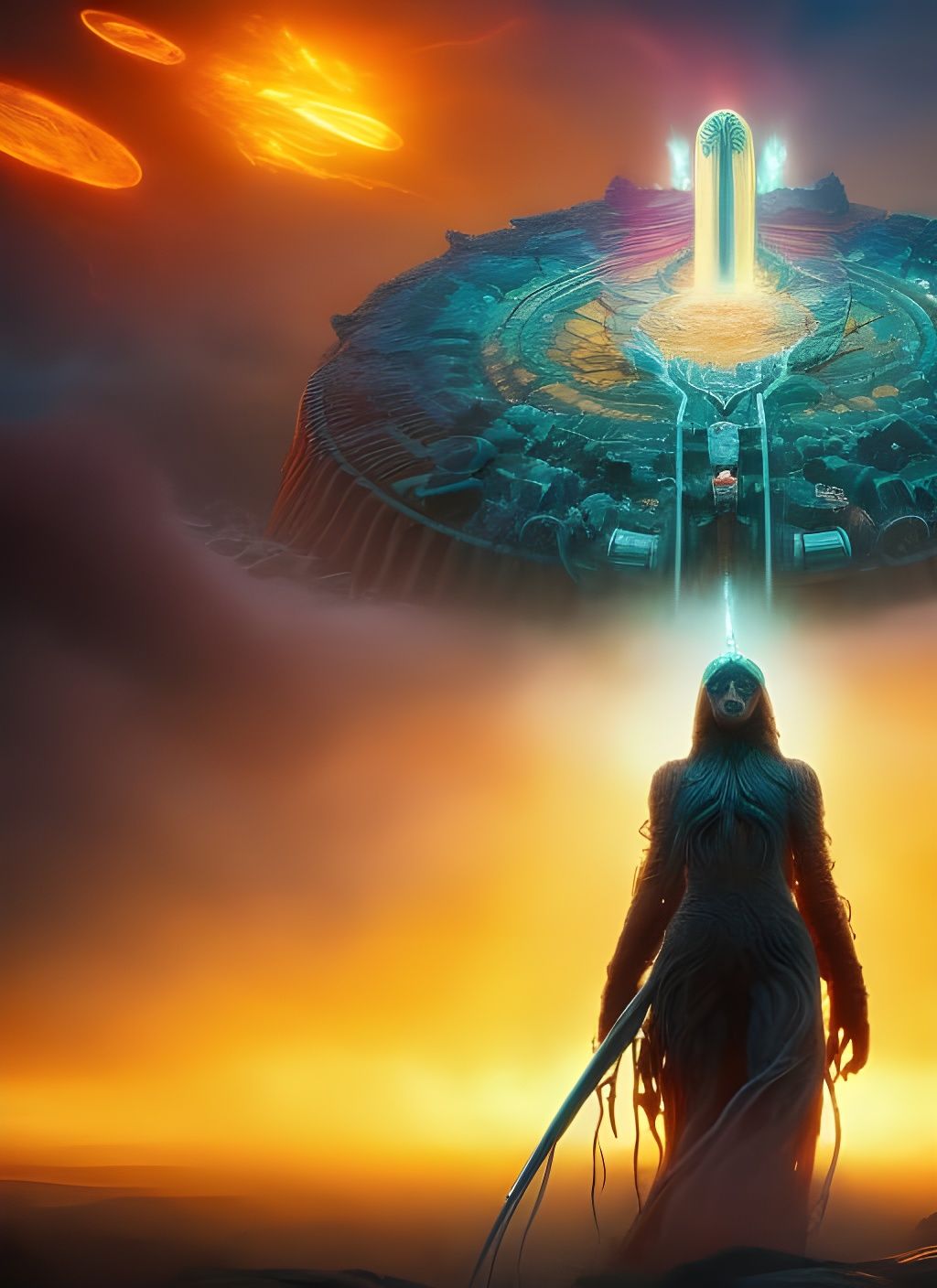 Woman Leaving Burning City in Neo-Impressionist Style