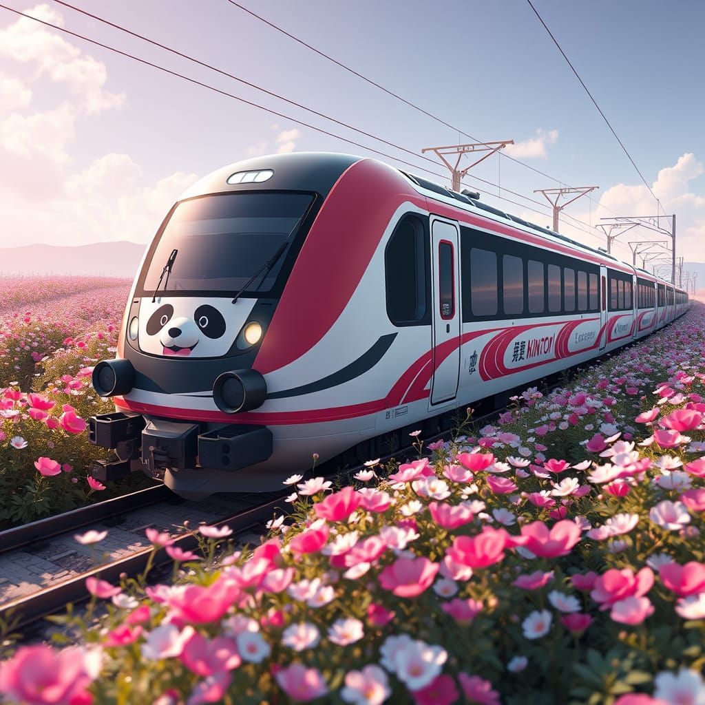 Ethereal Anime Train Soars Through Vibrant Flower Field