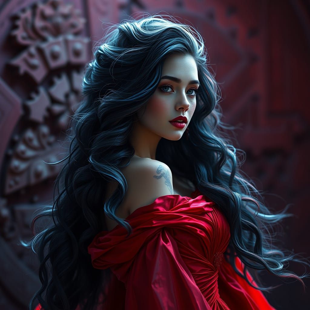 Ethereal Fantasy Woman in Resplendent Red Gown