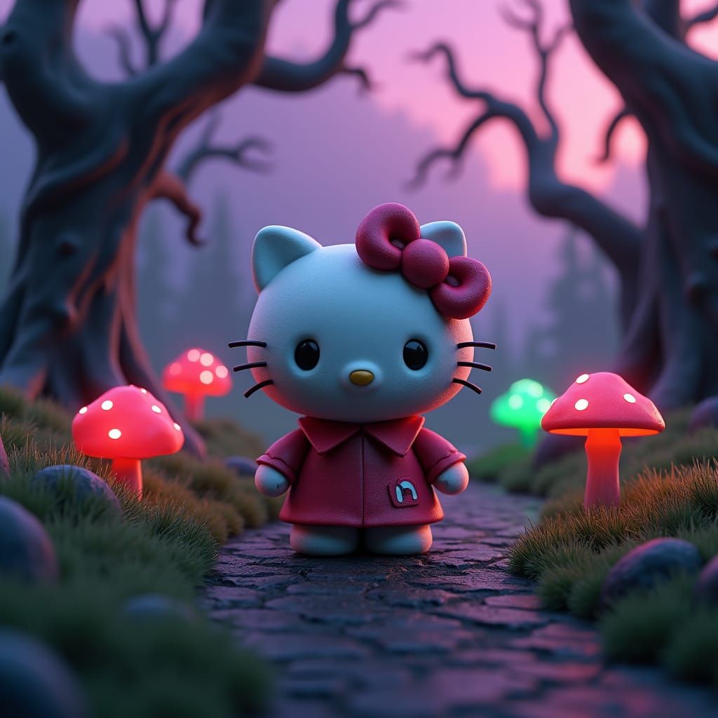 Ominous Hello Kitty in a Dark Fantasy Landscape