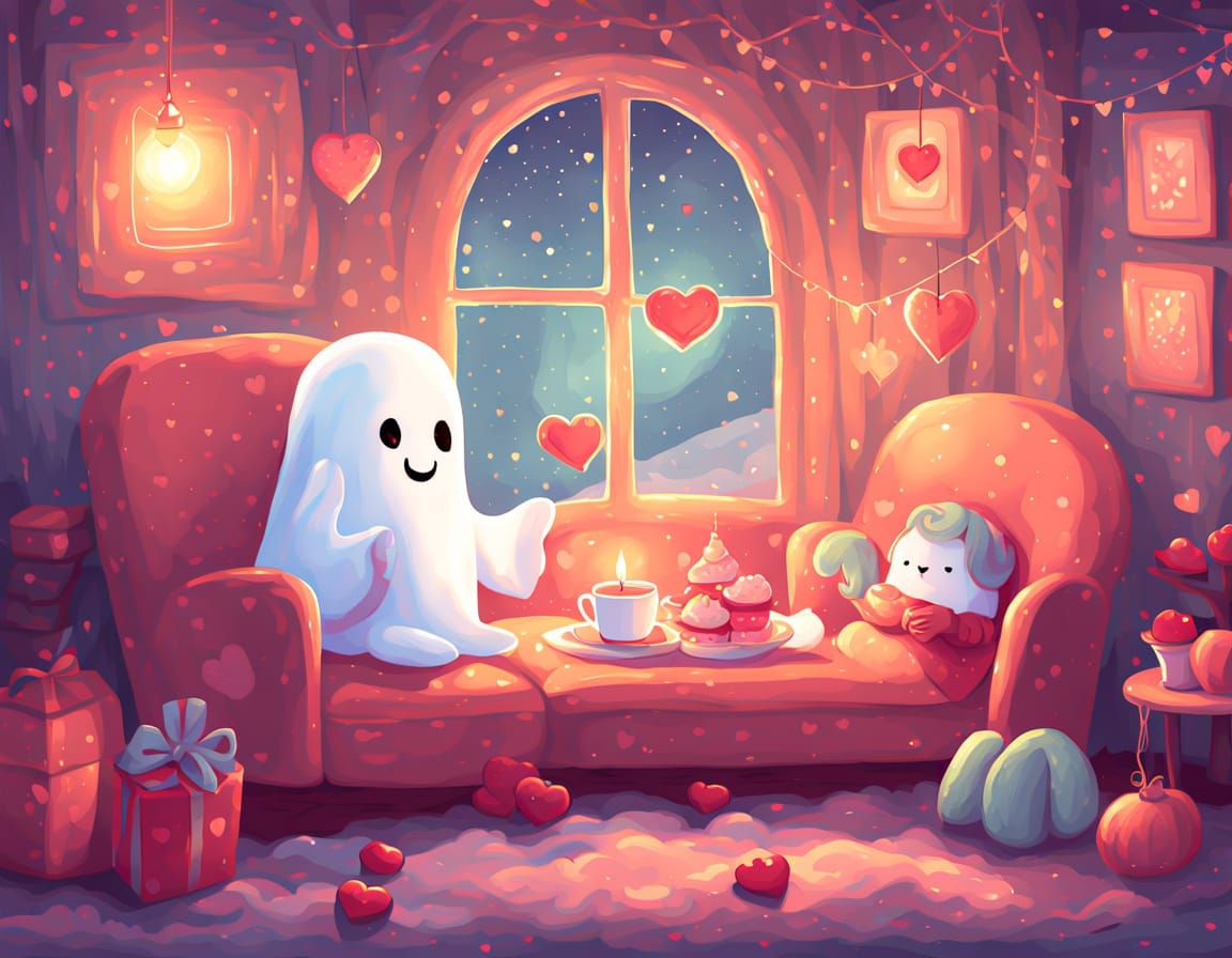 Cute Ghost Couple Celebrating Valentine's Day