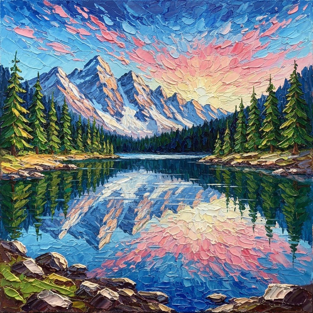 Mountain Lake at Dawn: Impasto Gouache Painting