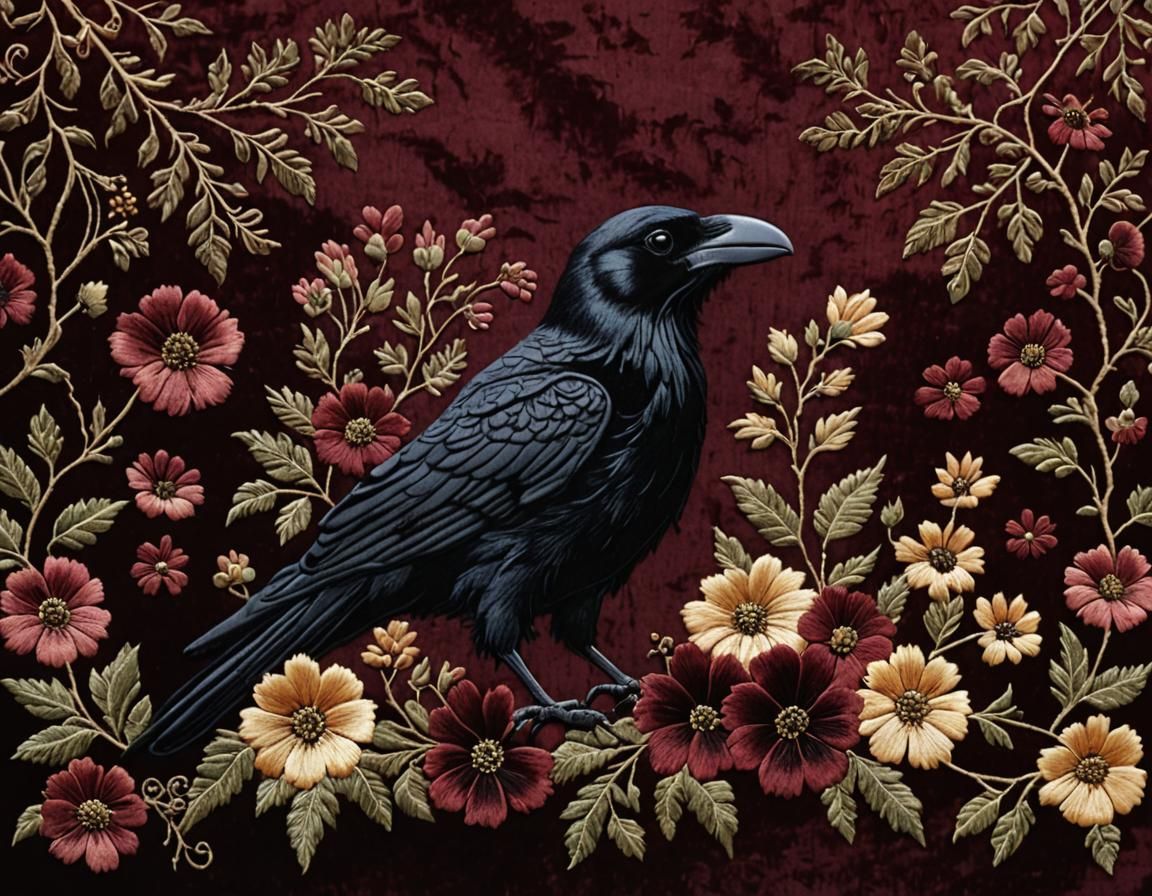 Embroidered Raven and Flowers on Velvet