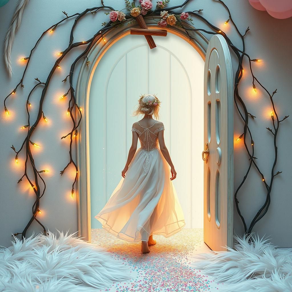 Magical Figure Walks Through Enchanted Doorway