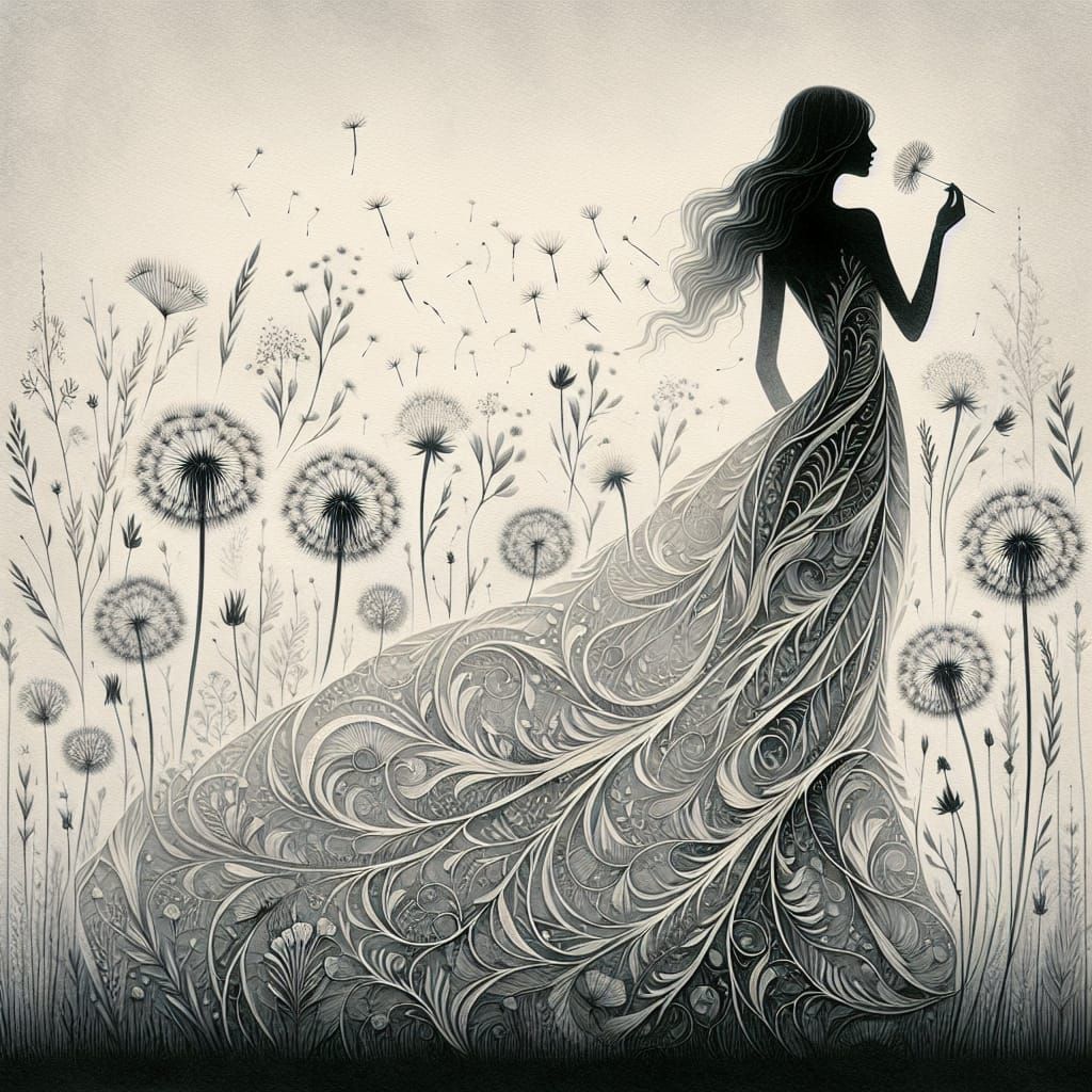 Ethereal Woman in Dandelion Field