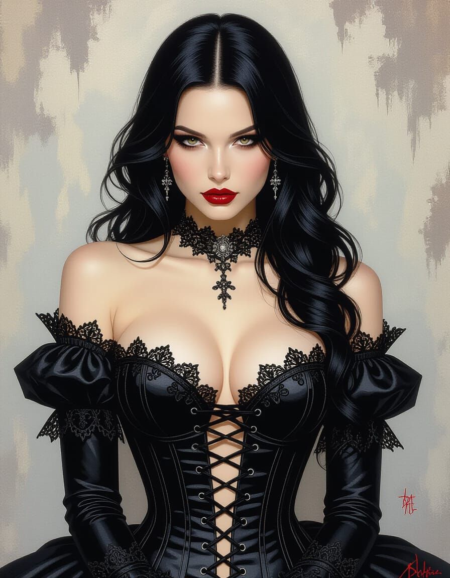 Gothic Woman in Corset, Dark Acrylic Painting