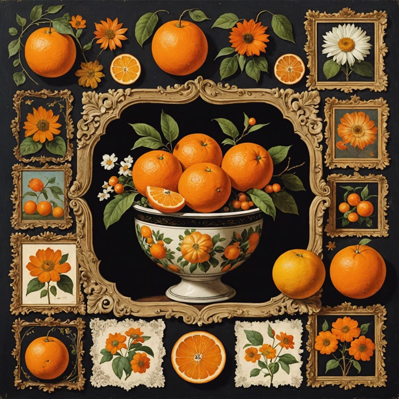 Edwardian Winter Collage with Oranges and Dried Flowers