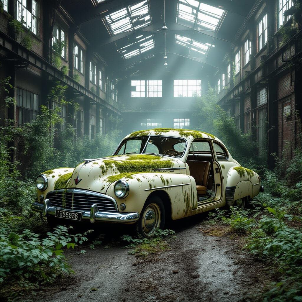 Destroyed Vintage Car in Overgrown Field