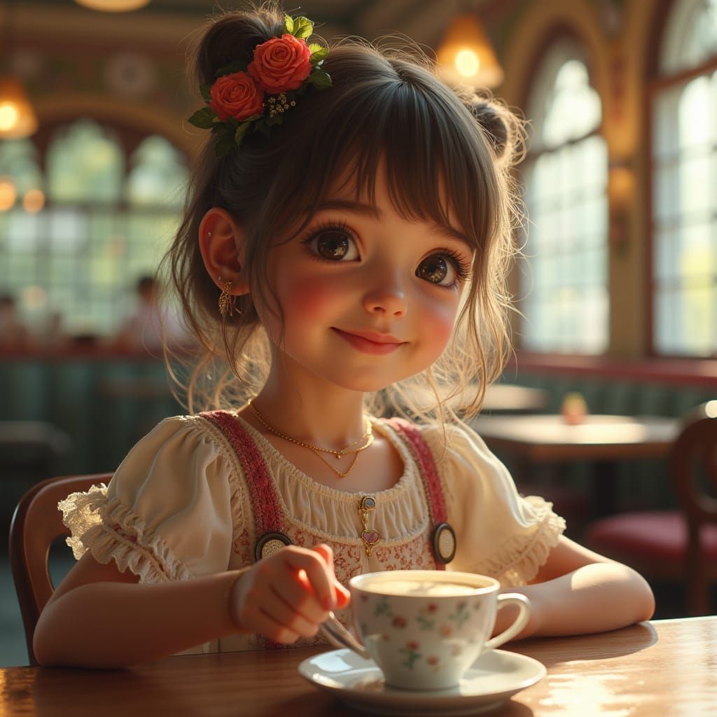 Adorable Daughter in Cafe, Rococo Style