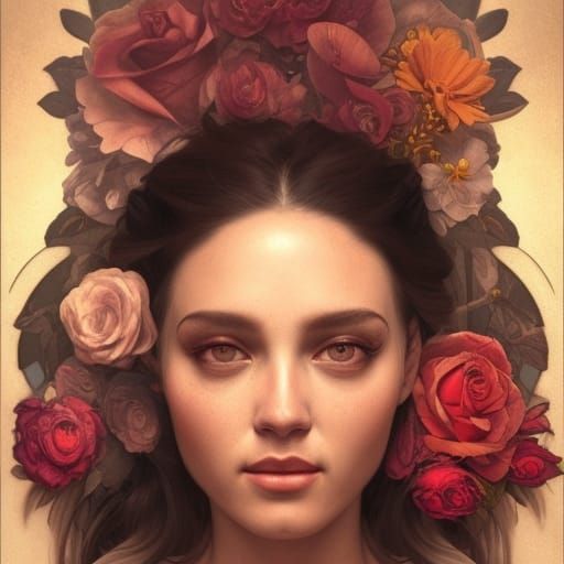 Hispanic Tattooed Goddess Portrait with Flowers