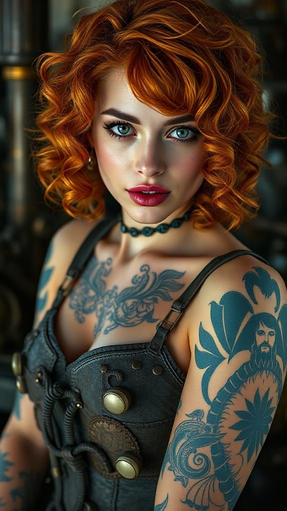 Steampunk Woman with Copper Hair and Tattoos