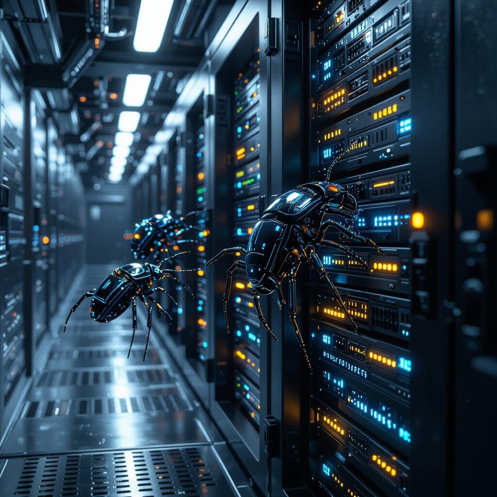 Sci-Fi Server Corridor with Digital Bugs
