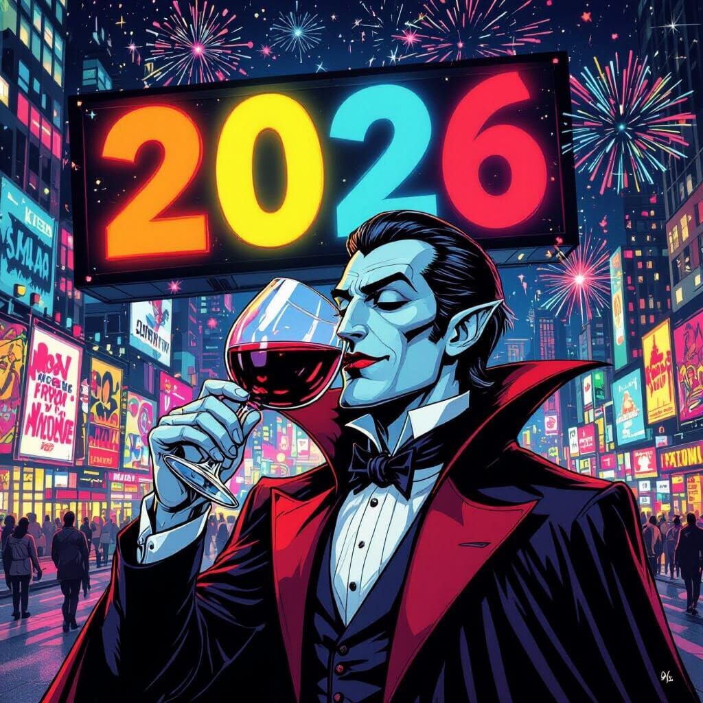 Dracula in Time Square with "2026"