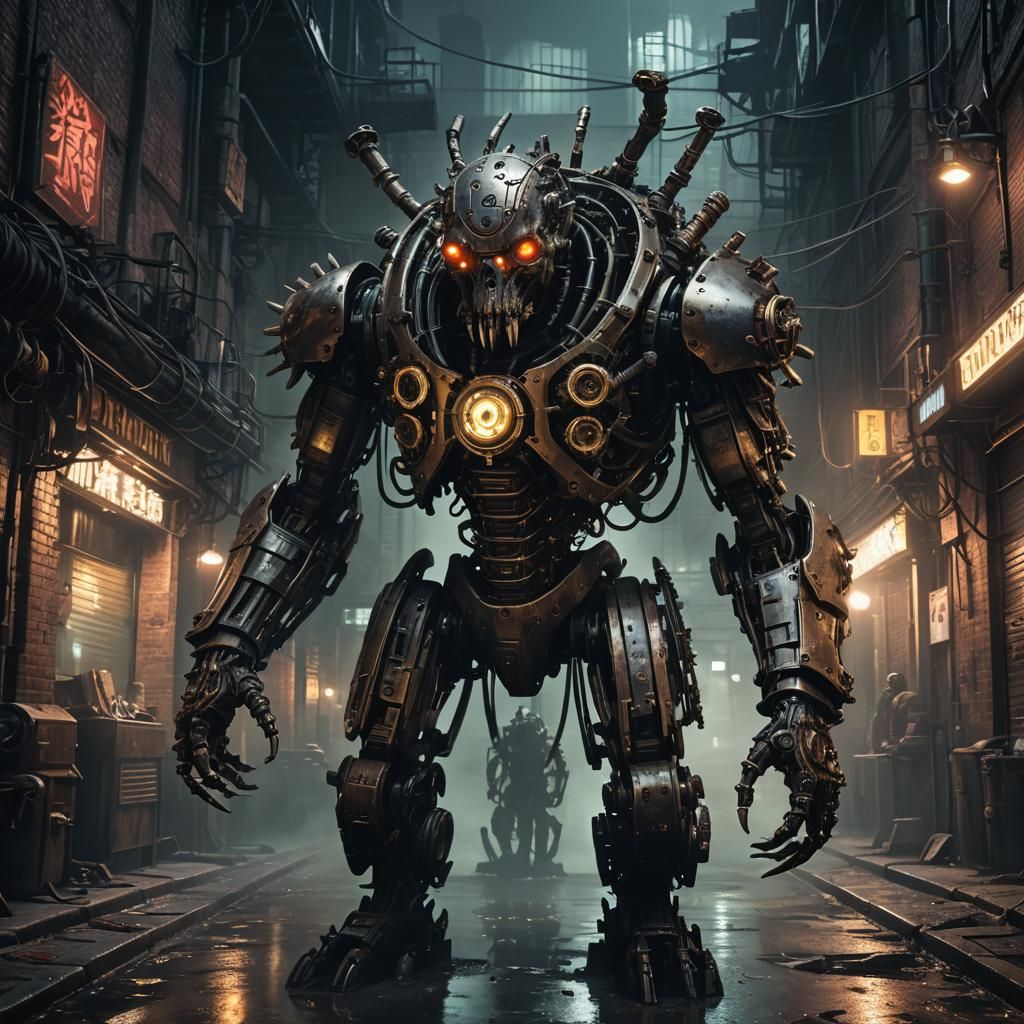 Cyberpunk Clockwork Creature in Steampunk Alley