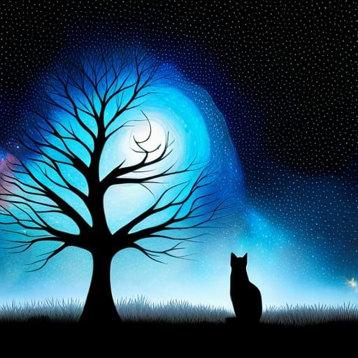 Black Cat Silhouette in Starry Art Nouveau Sky