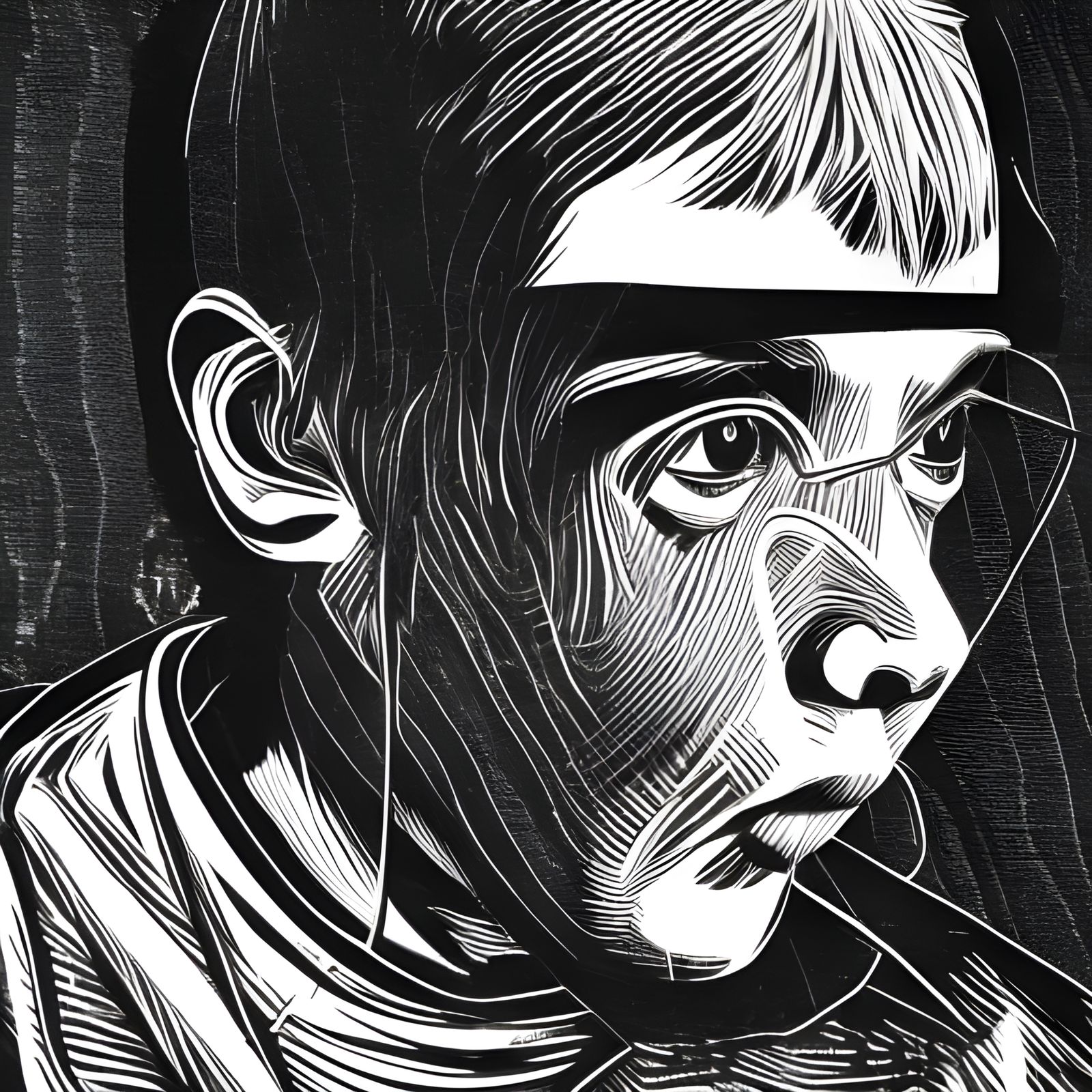 Shin Chan Skateboarding in Linocut Style