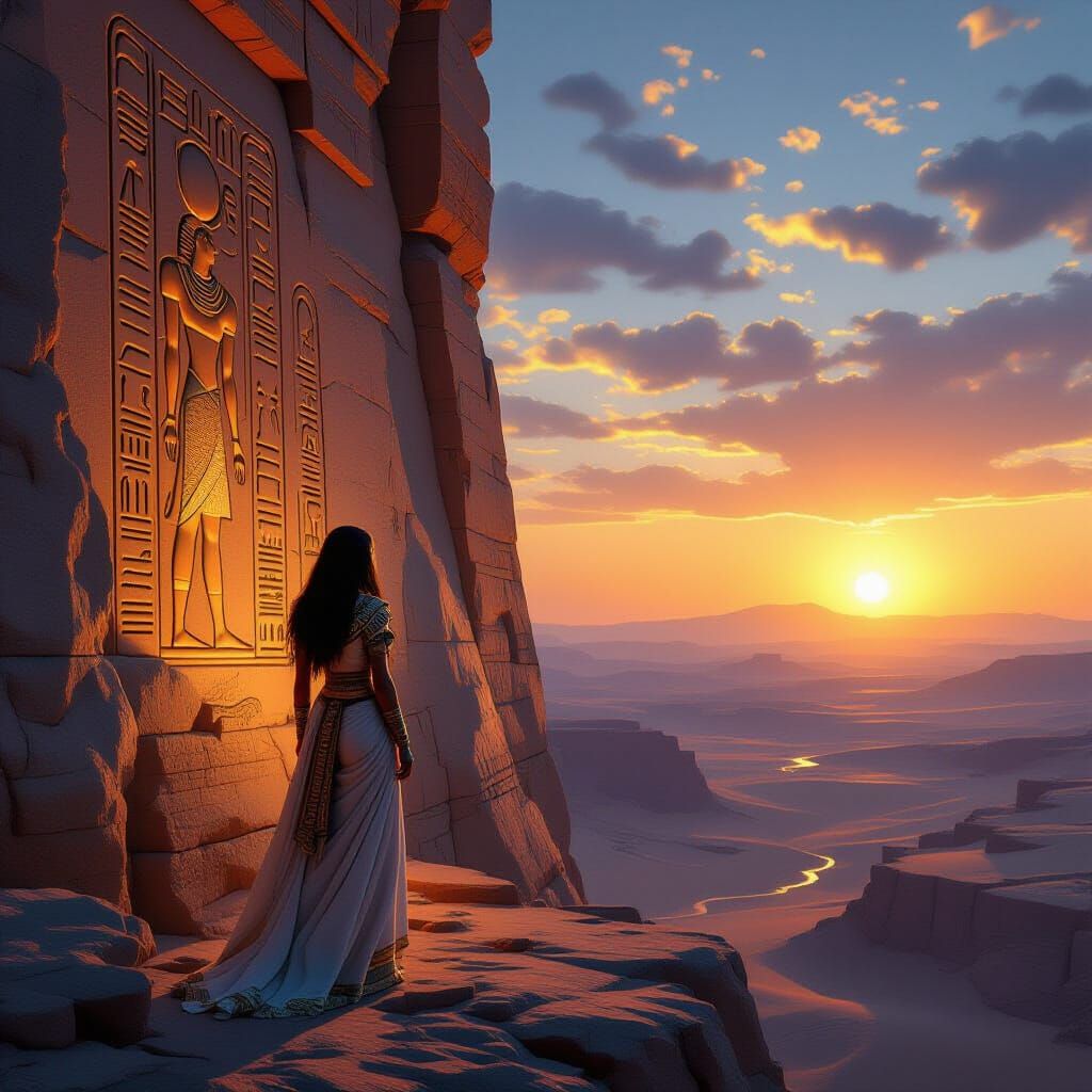 Egyptian Woman on Desert Precipice at Dawn