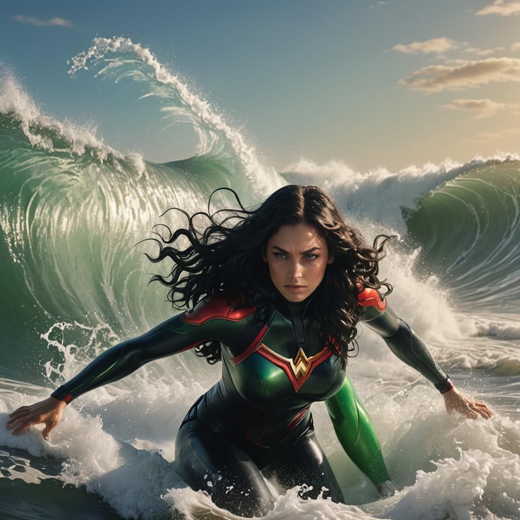 Superhero Woman Surfing: Vivid Digital Art