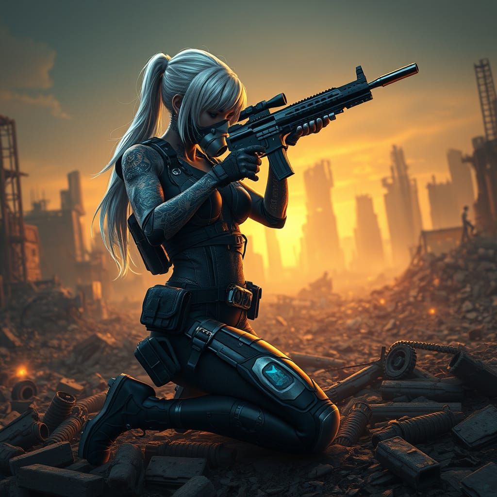 Cyberpunk Cyborg Warrior in Post-Apocalyptic Ruins