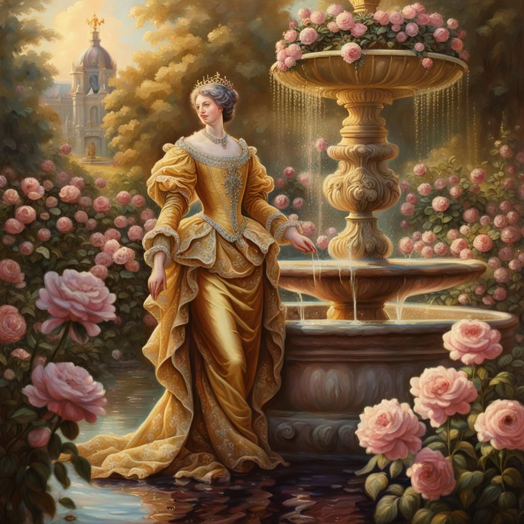Golden Clothed Queen in Baroque Flower Garden