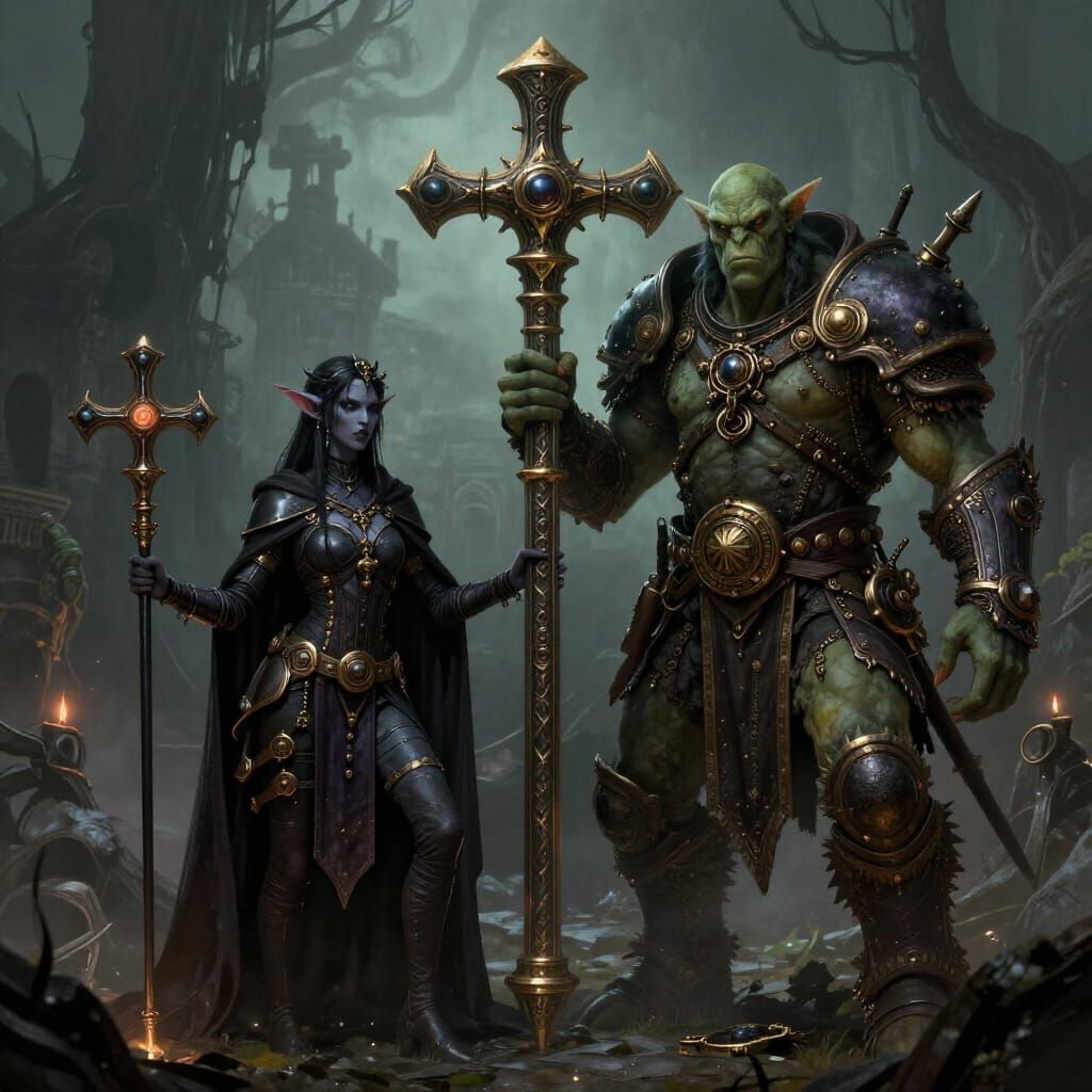 Dark Elf and Orc in Steampunk D&D World