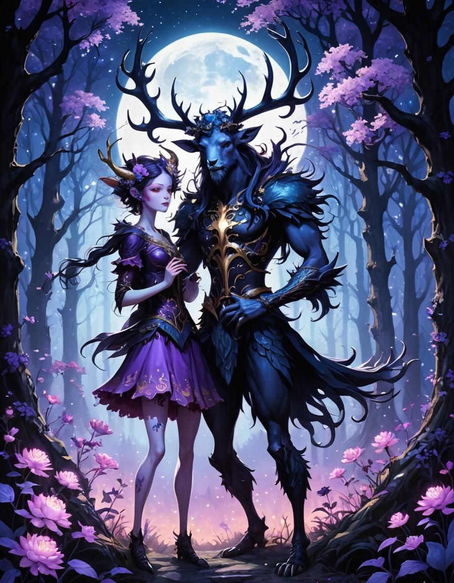 Divine Satyr in Bioluminescent Forest, Art Nouveau Style