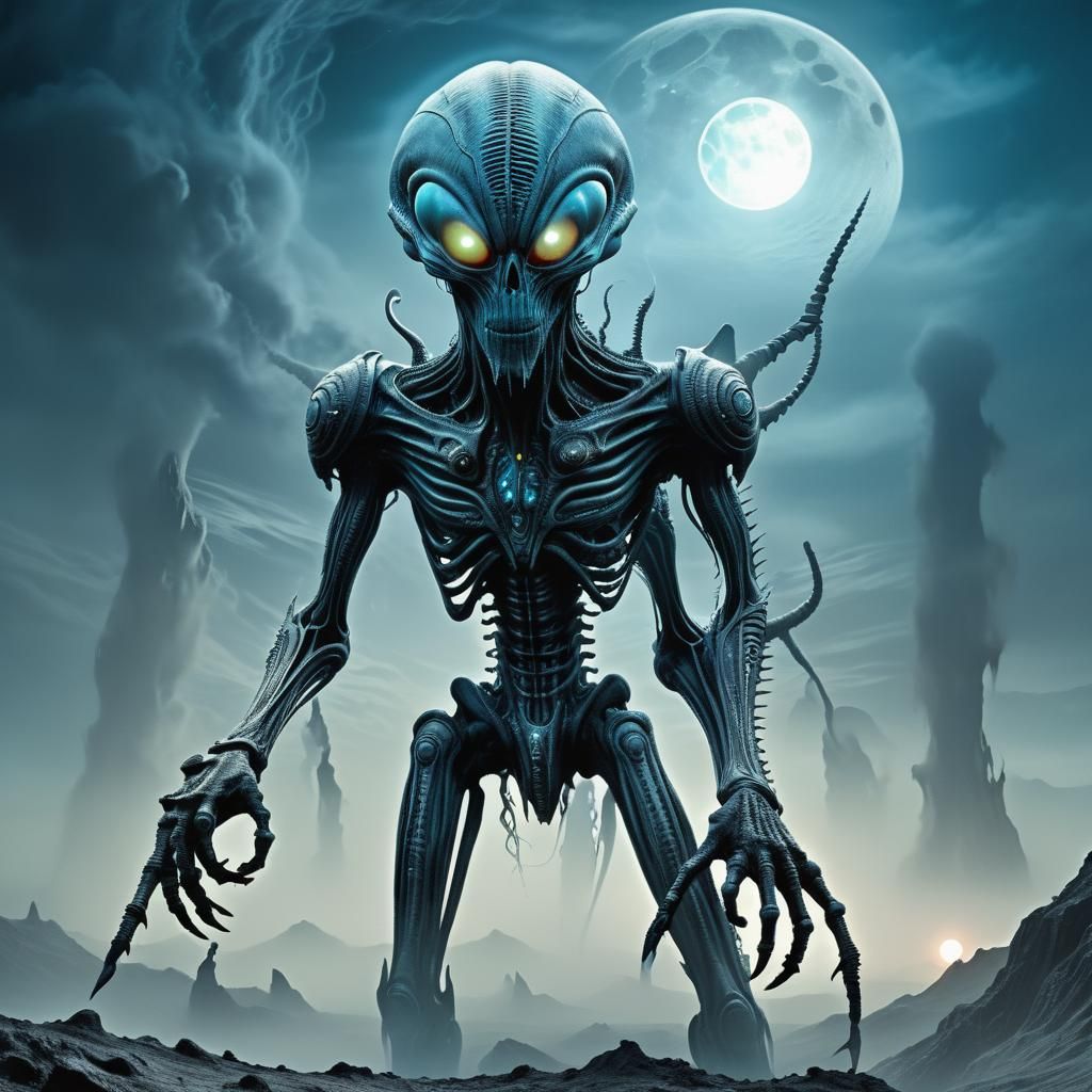 Alien Creature with Laser Gun in Surrealist Style