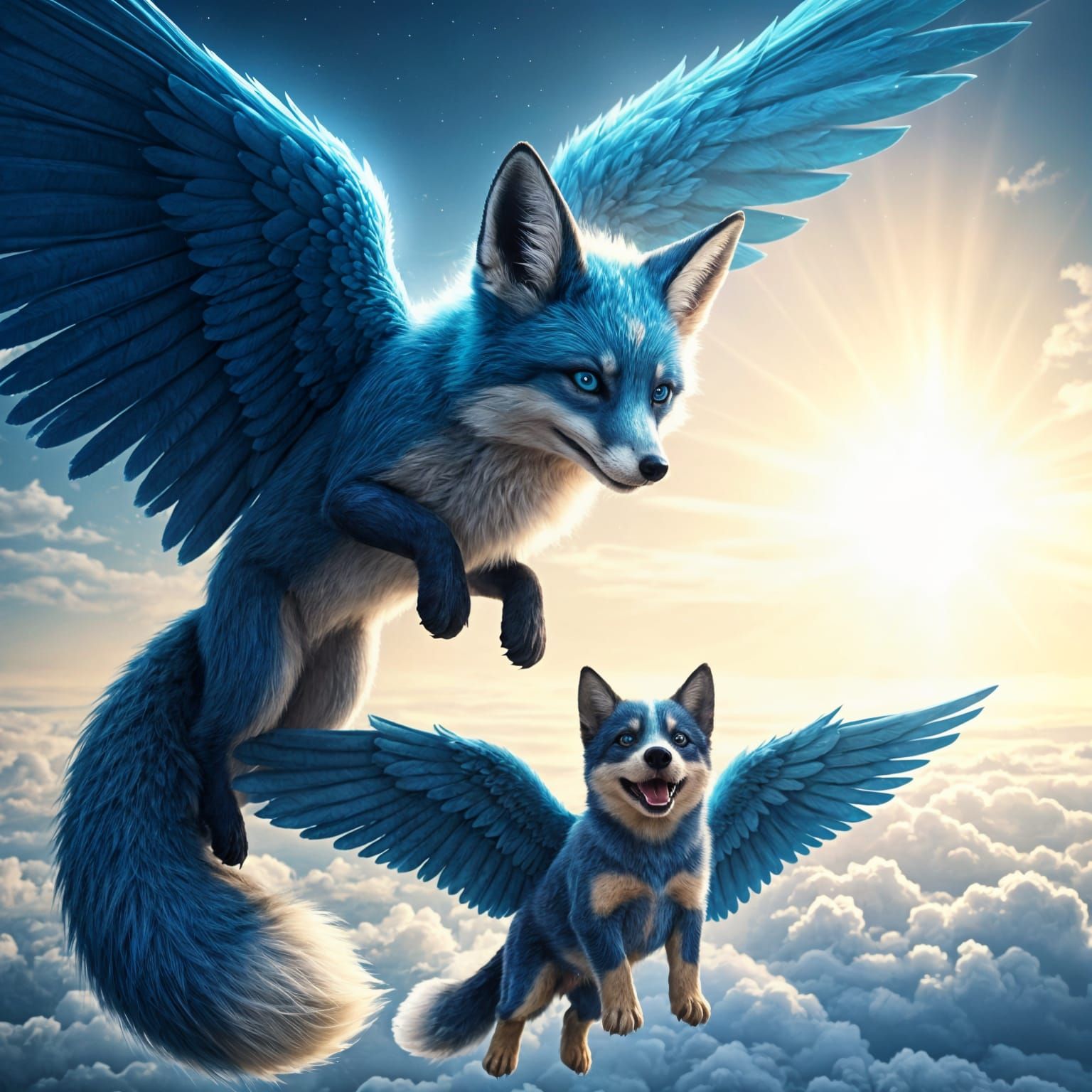 Blue Fox and Puppy Flight with Angelic Glow