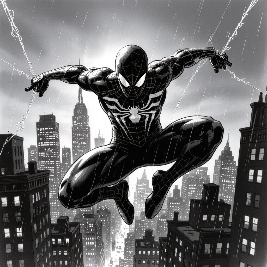 Charcoal Spider-Man Swinging Through City at Night