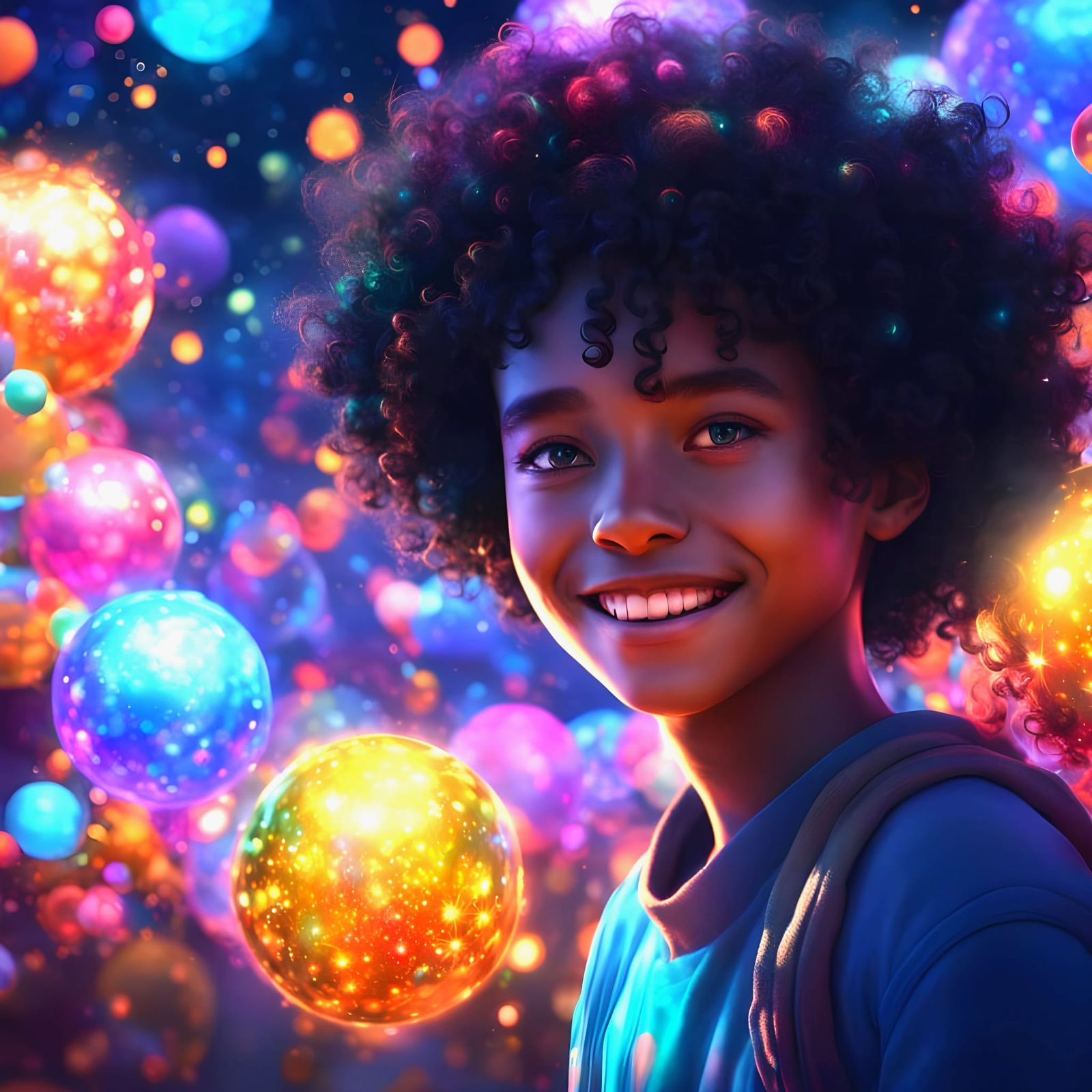 Enchanted Girl Surrounded by Vibrant Iridescent Light Globes...