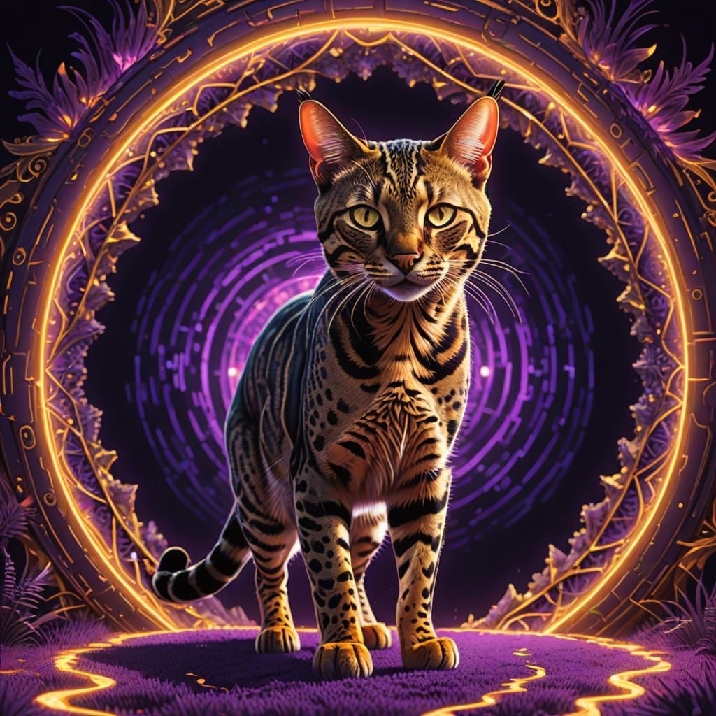 Savannah Cat Opens Fractal Portal: Surreal Digital Art