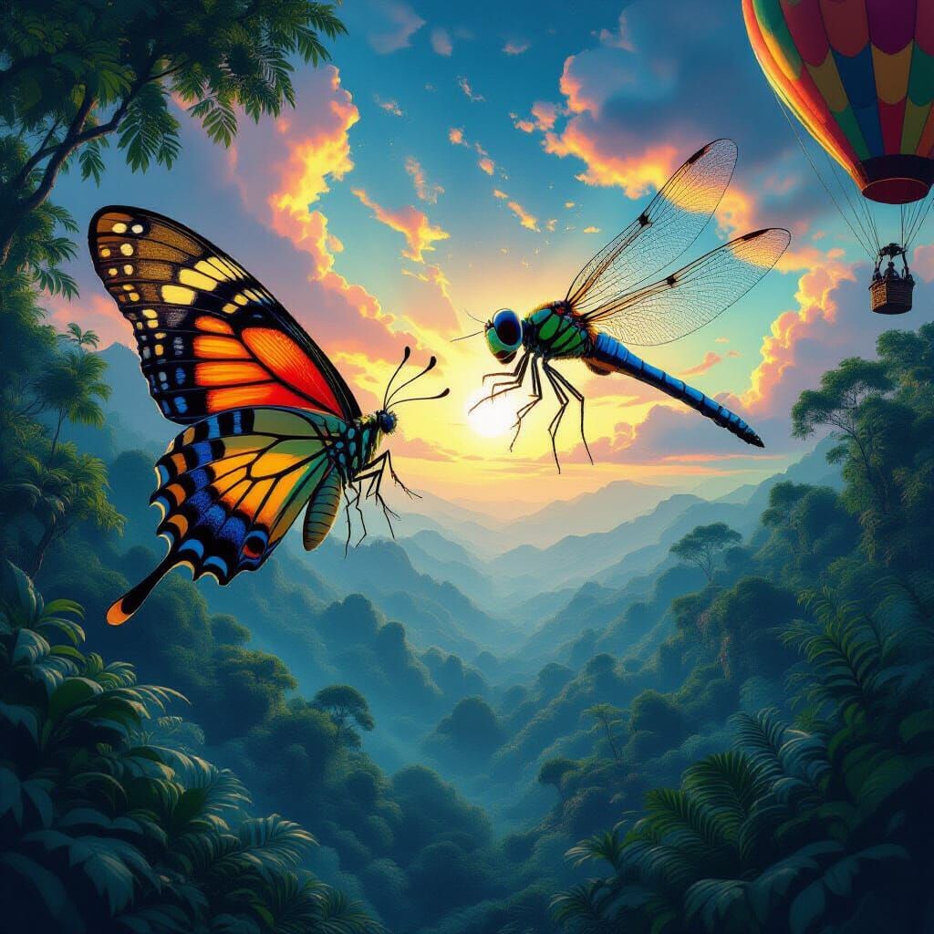 Giant Moth Battles Dragonfly Above Jungle, Man in Hot Air Ba...